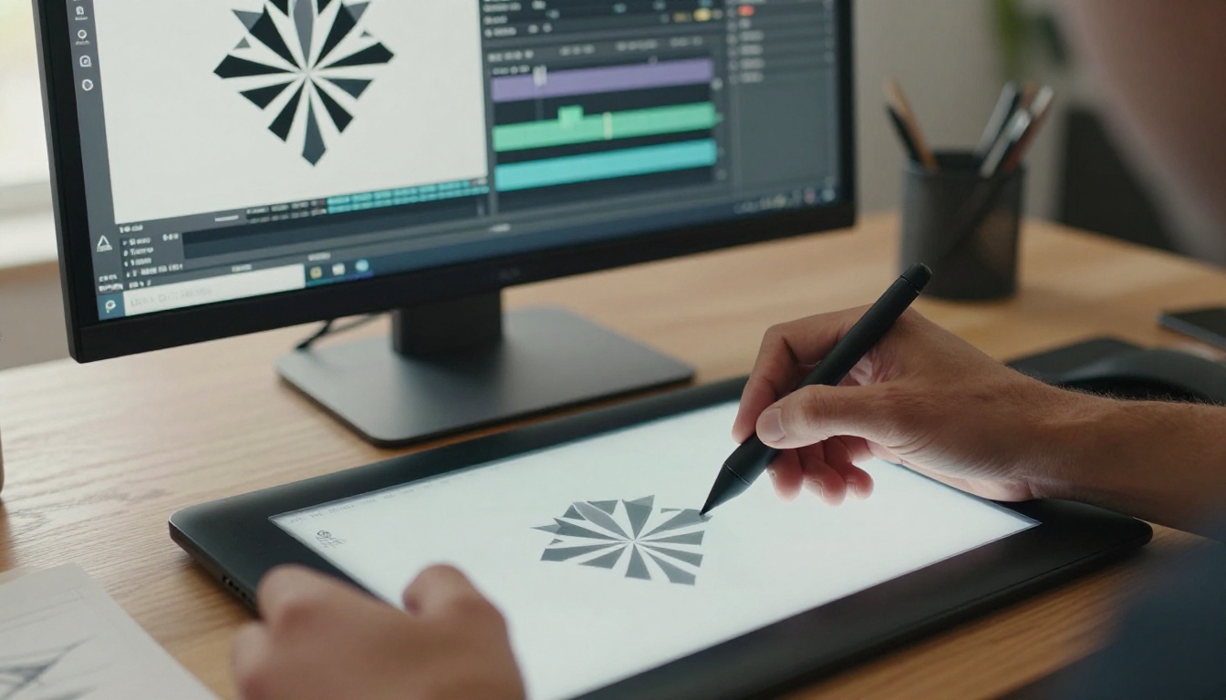 A graphic designer's hands on a drawing tablet with a static diamond logo on one monitor and a keyframe timeline on another, morning diffused daylight, 50mm lens, Kodak Portra 400 film grain, 8K RAW
