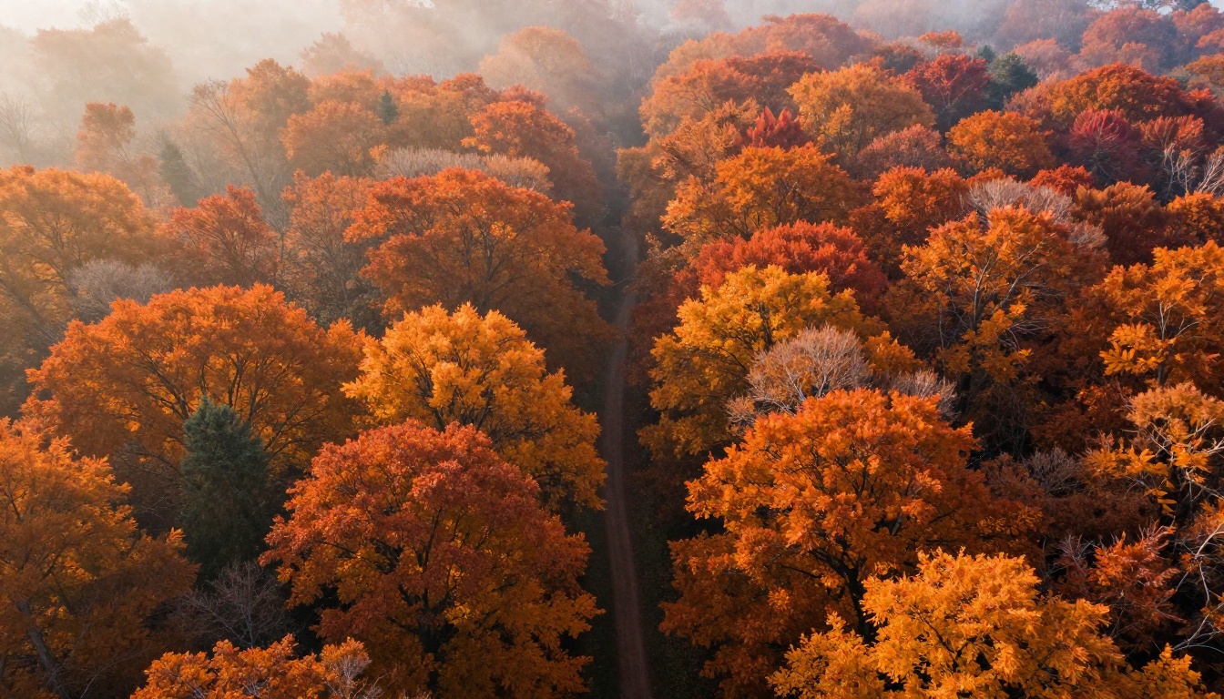 Aerial bird's-eye view of autumn forest canopy with morning mist and golden light