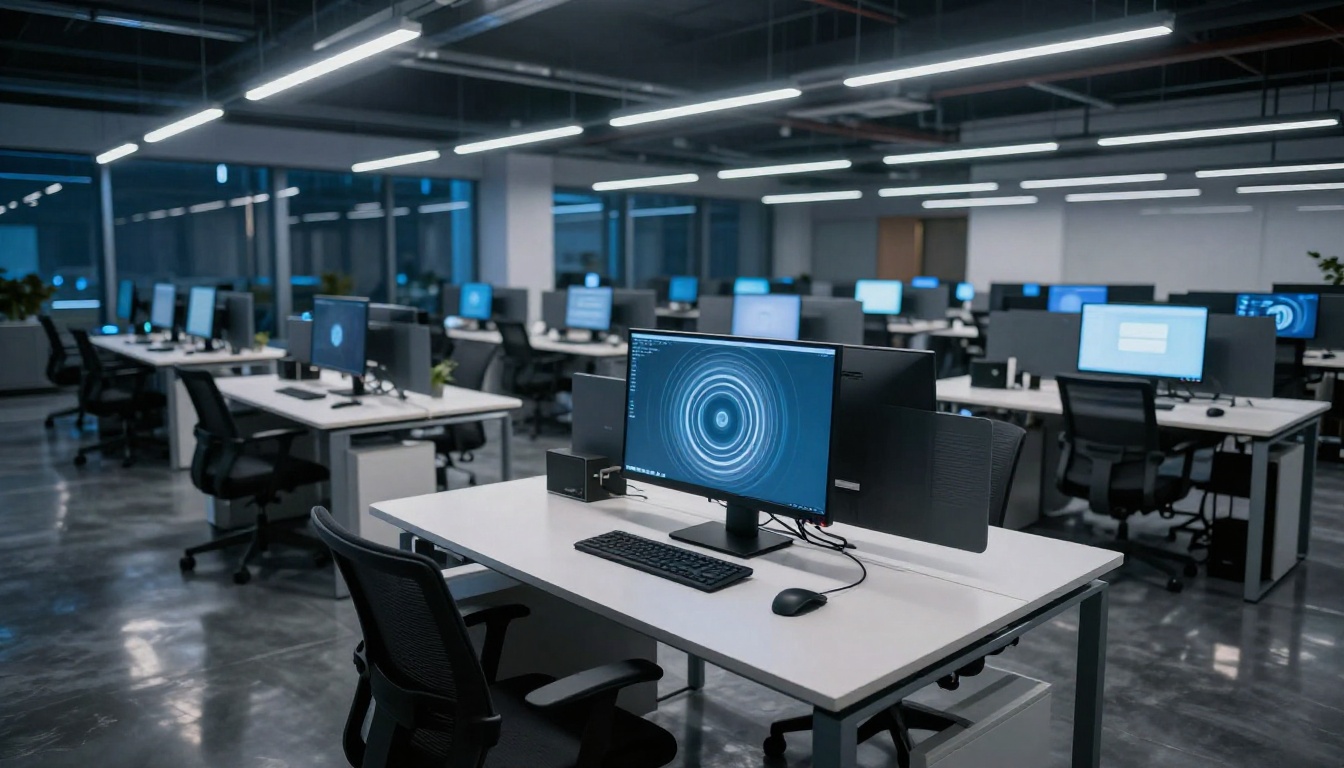 Low-angle wide shot of a modern office at night, standing desk with monitor showing a circular logo with radial pulse rings, polished concrete floor reflecting monitor glow, 24mm lens, deep focus, 8K RAW