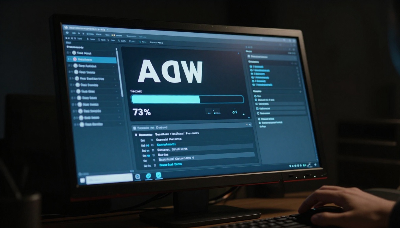 Monitor screen in a dark room showing an AI interface panel with a logo being processed at 73 percent progress, blue monitor glow the only light source, 85mm telephoto, deep blacks, 8K RAW