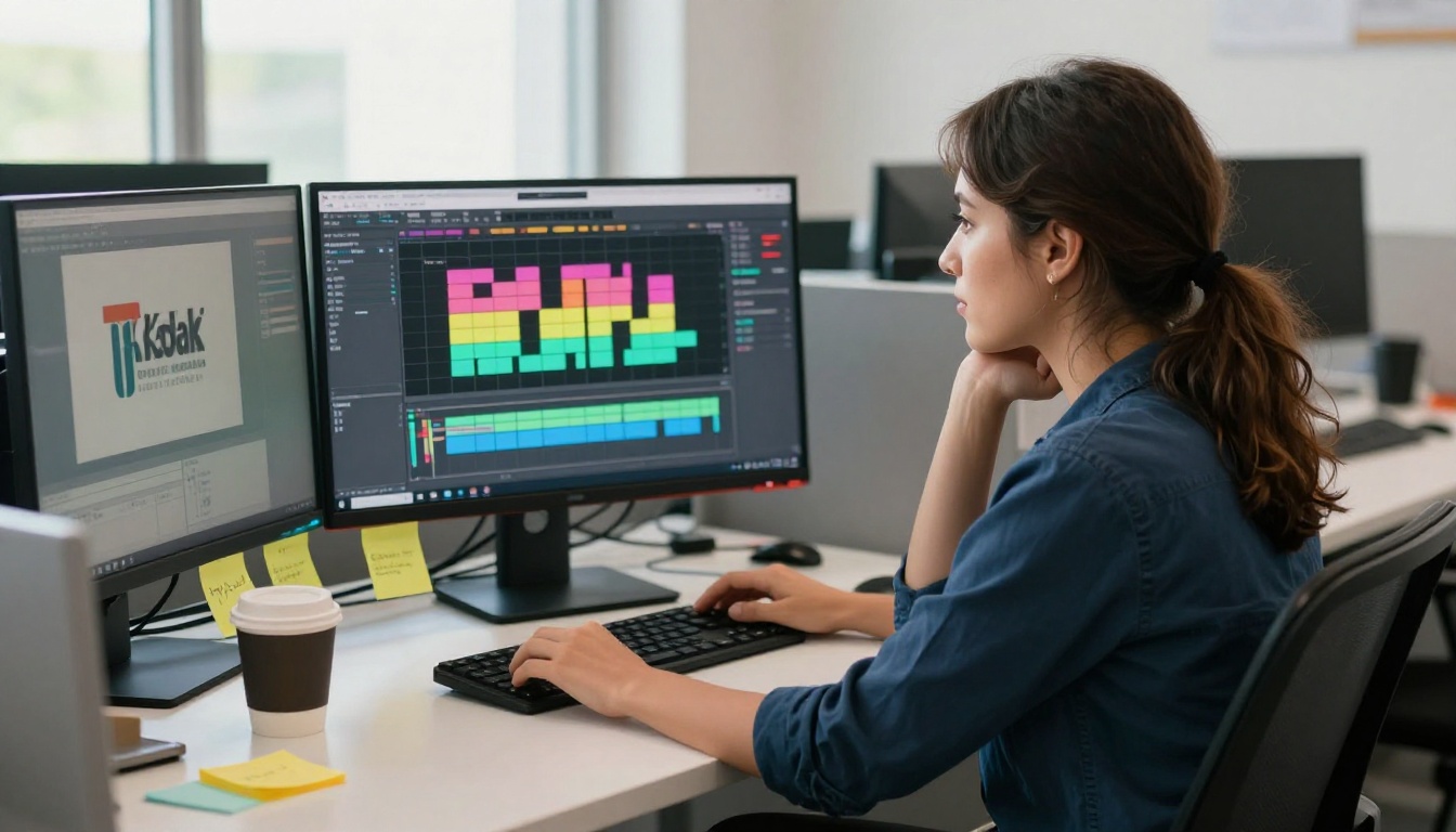Creative professional in navy shirt at dual-monitor workstation reviewing animation timeline with colorful keyframe blocks, natural window daylight, 50mm lens, Kodak Portra 400 grain, 8K RAW