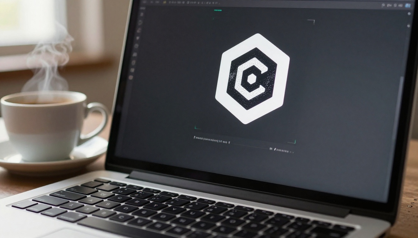 Laptop screen with AI video result preview showing a hexagon logo with particle trails, espresso cup beside it, 100mm macro lens, screen in razor-sharp focus, Kodak Portra 400 grain, 8K RAW