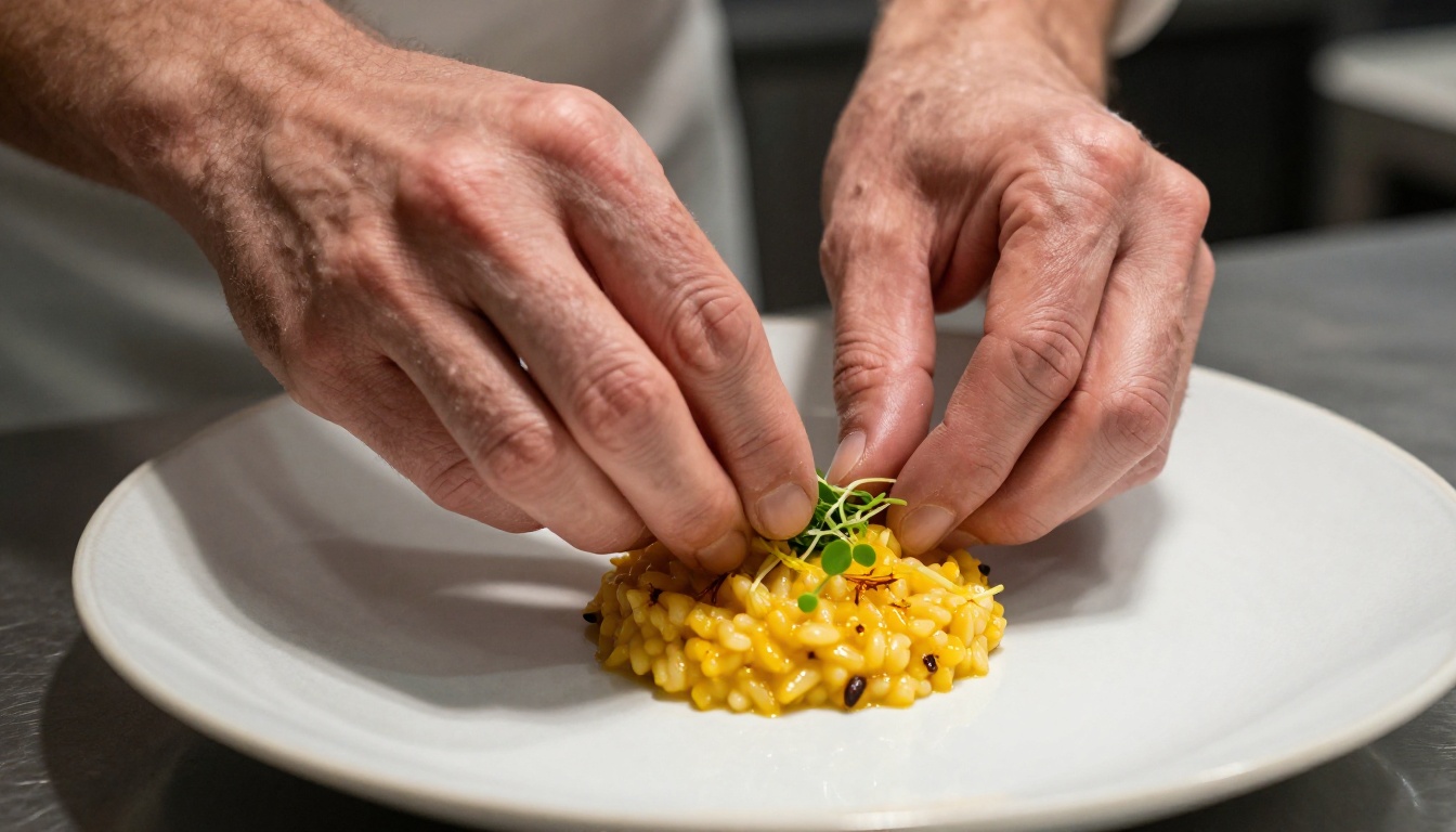 Chef's hands plating a golden saffron risotto with micro-herb garnish in a professional kitchen