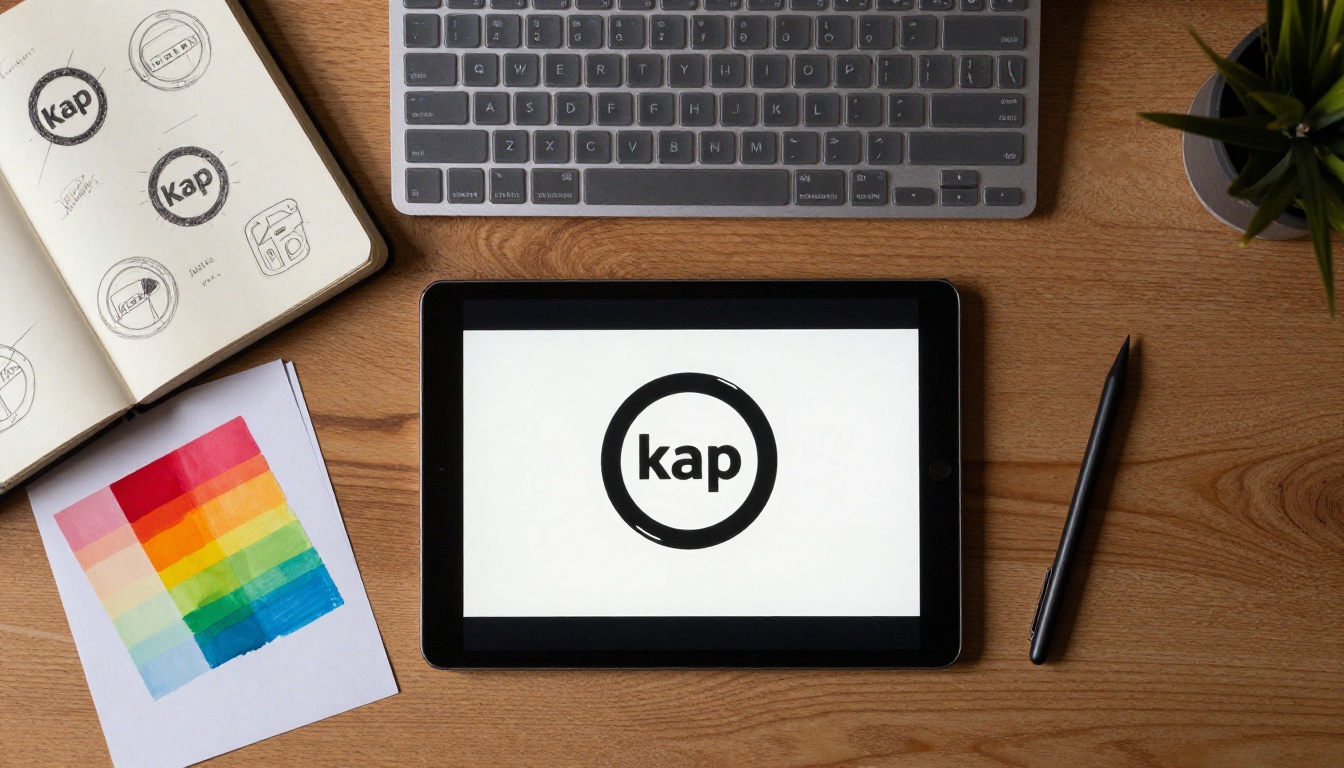 Overhead flat-lay aerial view of a creative workspace: tablet with logo animation storyboard in center, mechanical keyboard, stylus pen, printed color swatches, open sketchbook with logo variations, warm studio light, 35mm lens, 8K RAW