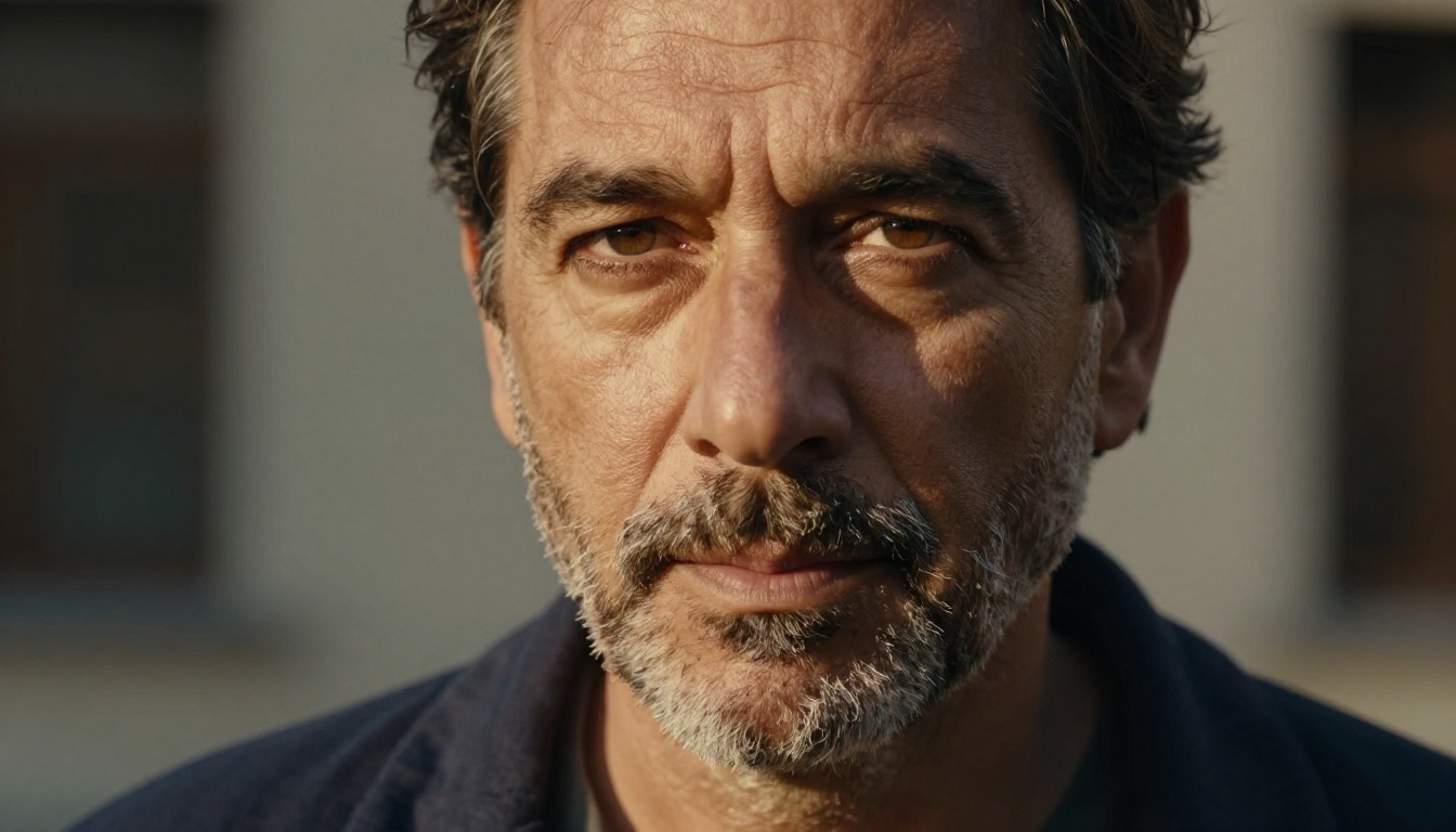 Photorealistic portrait of middle-aged man with salt-and-pepper beard and Rembrandt lighting