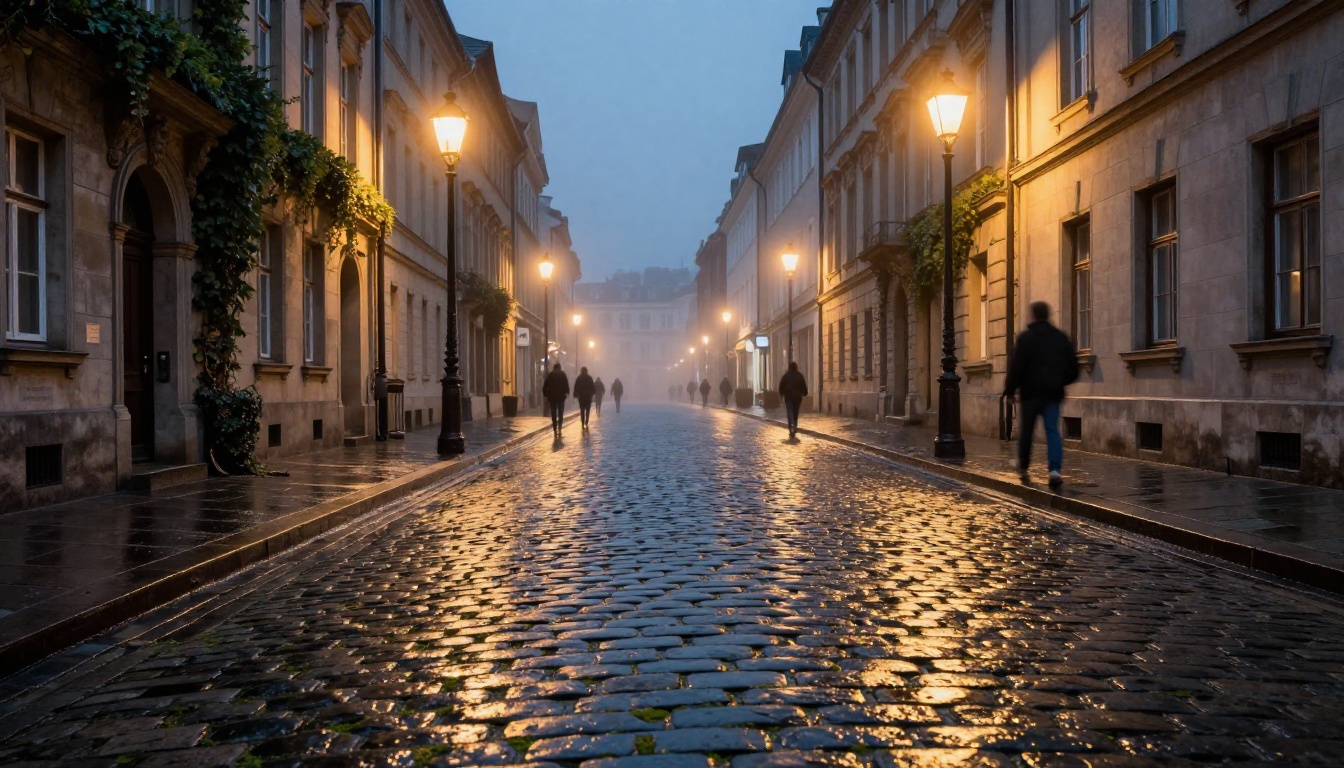 Cobblestone European city street at blue hour with warm lamp reflections on wet stones