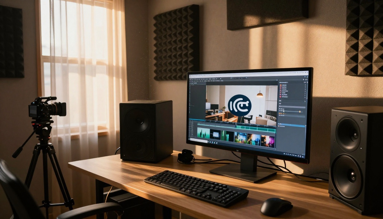 Wide shot of a home video production studio at golden hour, 32-inch monitor showing a brand motion reel with logo animation, warm light shafts through sheer curtains, acoustic foam on walls, 28mm lens, Kodak Portra 400, 8K RAW