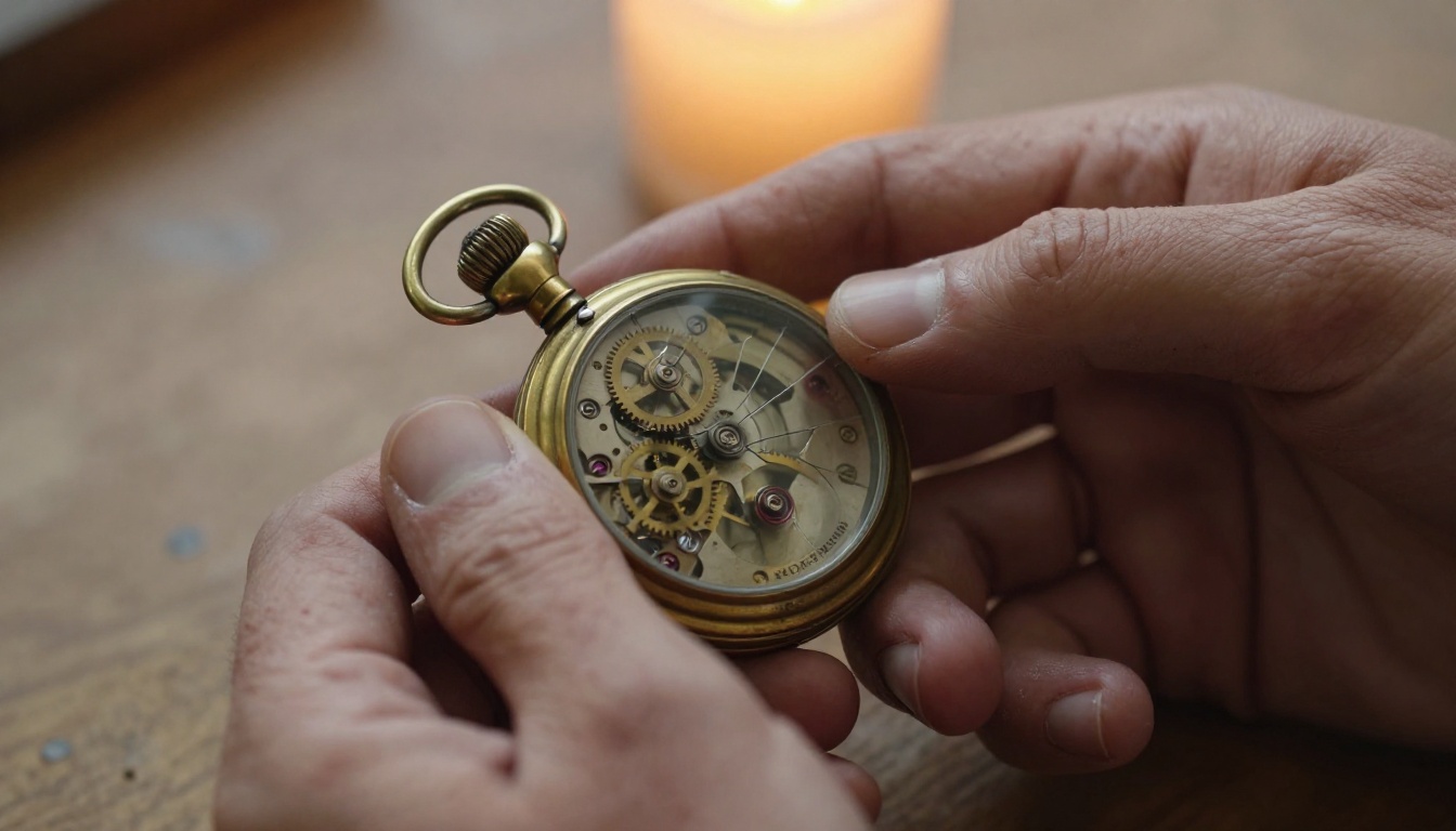 Close-up of weathered hands holding a vintage brass pocket watch with patina and candlelight