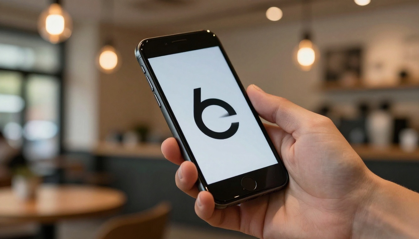 Phone in hand showing animated logo GIF in a warm-lit cafe with amber Edison bulb bokeh in background, 85mm f/1.8 telephoto, screen glow on palm, Kodak Portra 400, 8K RAW