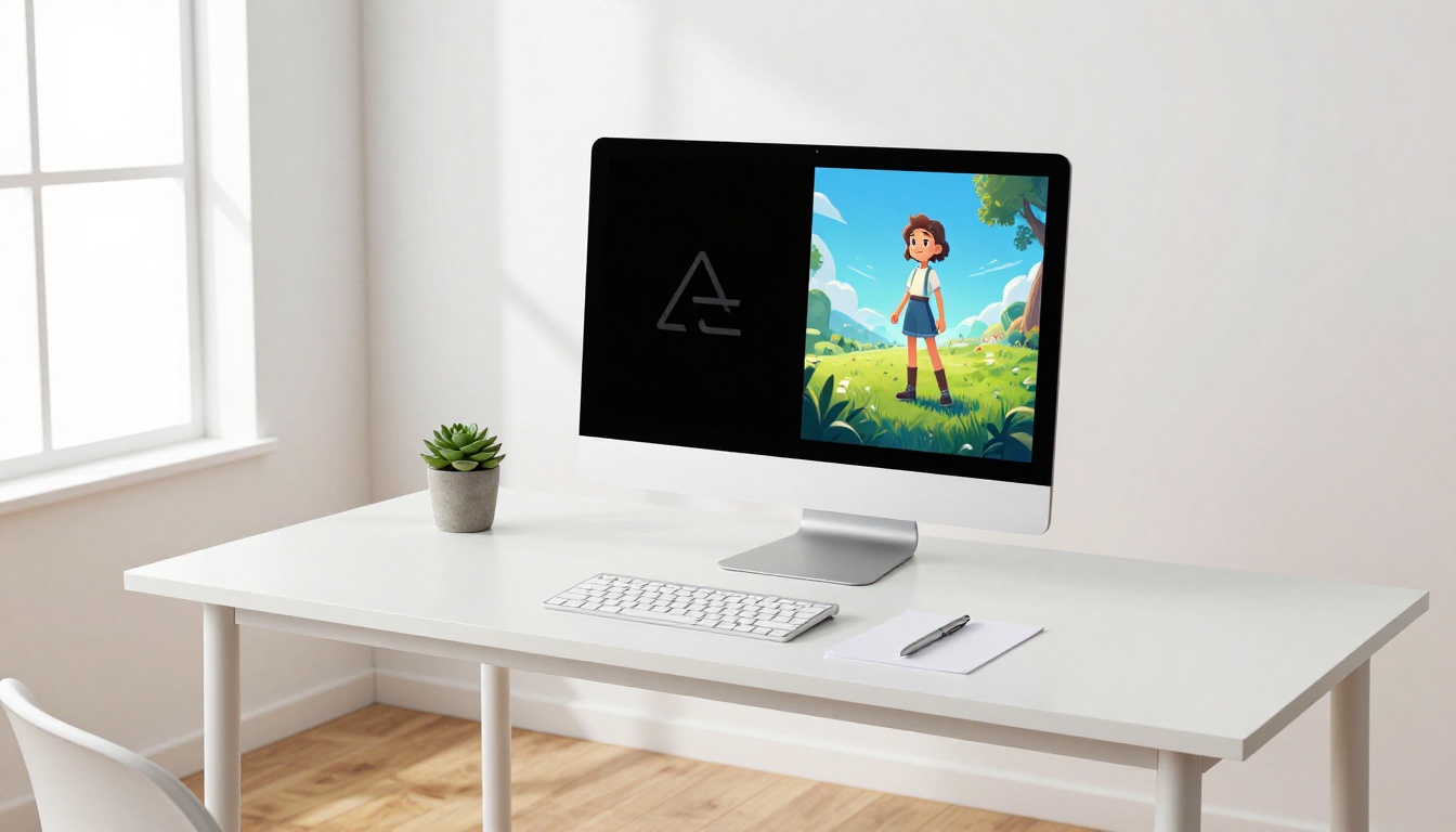 Scandinavian-style home studio with iMac on white desk showing before and after comparison of static versus AI-animated logo, cool neutral daylight, oak floor, 50mm lens, 8K RAW