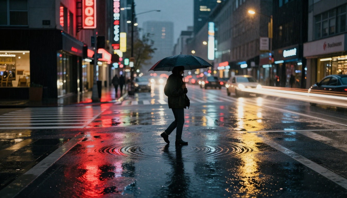 Rain-soaked city intersection at night with neon light reflections on wet asphalt
