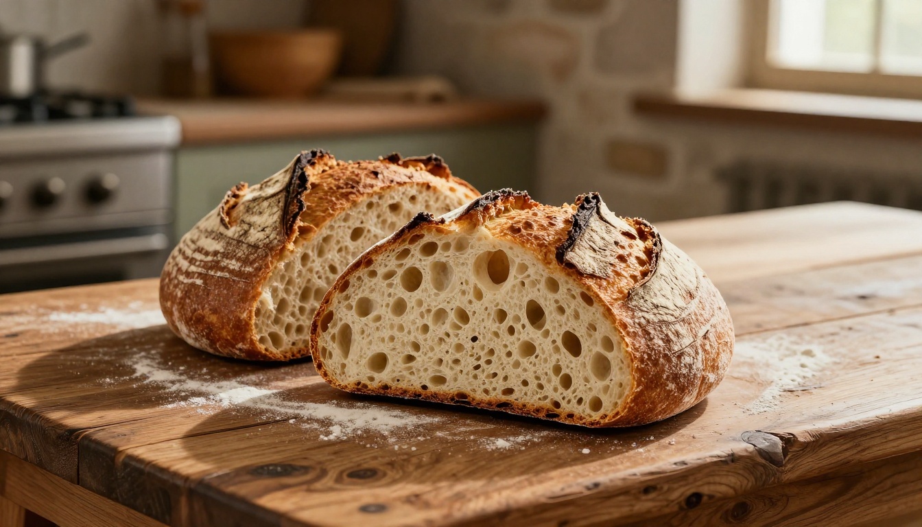 Artisan sourdough bread loaves on a rustic wooden bakery table with flour dusting and window light