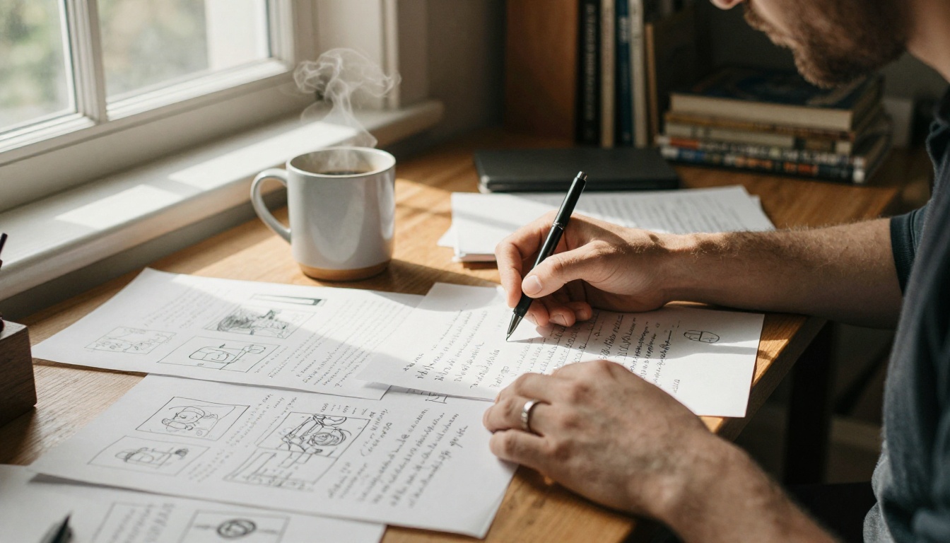 Writer planning a short film at a script-covered desk