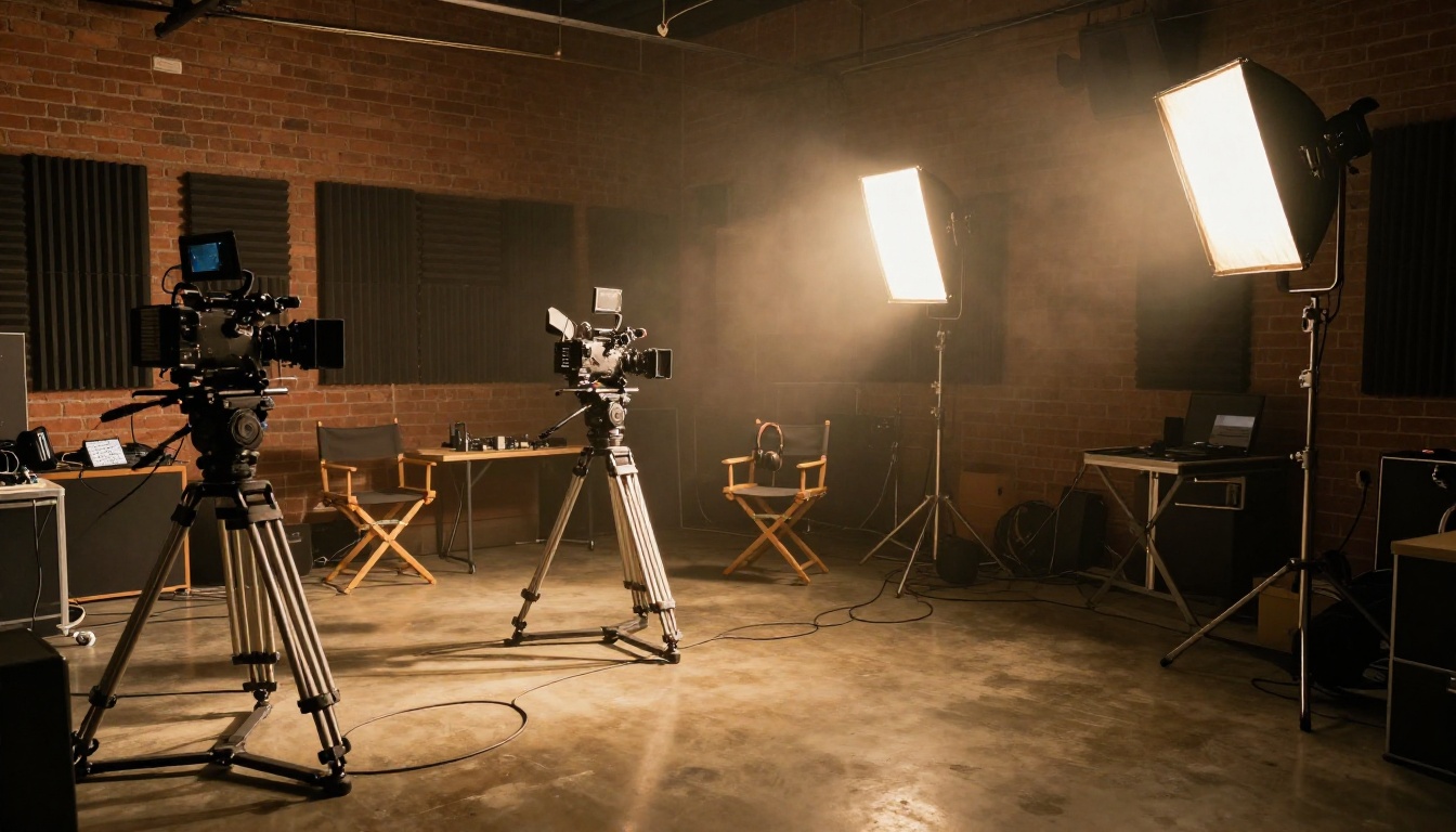 Film studio production set with cinema cameras, rigs, and professional lighting equipment
