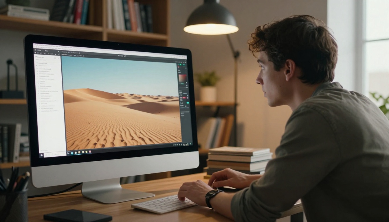 Filmmaker studying AI-generated video results on a large monitor Filmmaker studying AI-generated video results on a large monitor