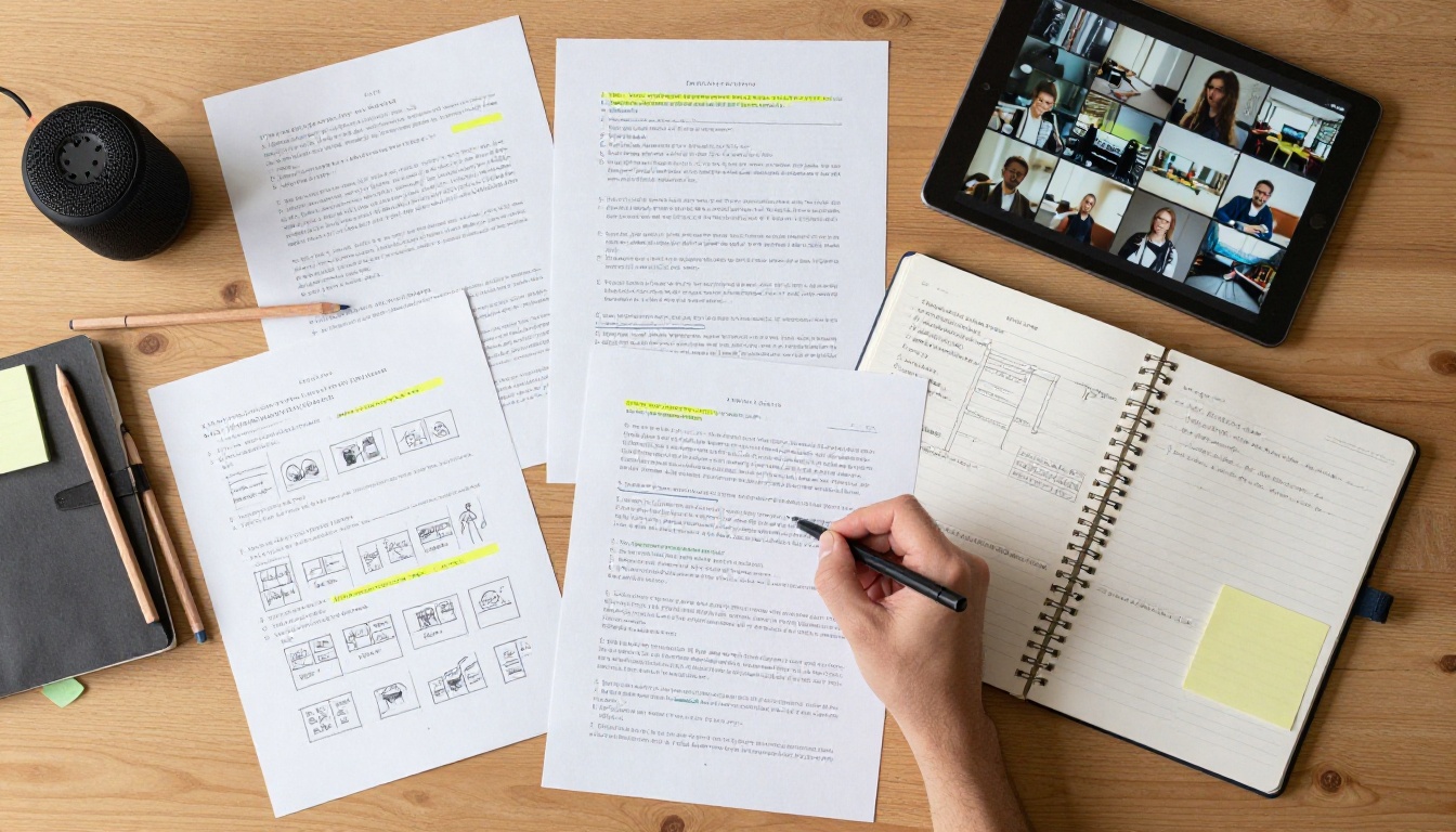 Overhead flat-lay of a filmmaker's storyboard and script workspace