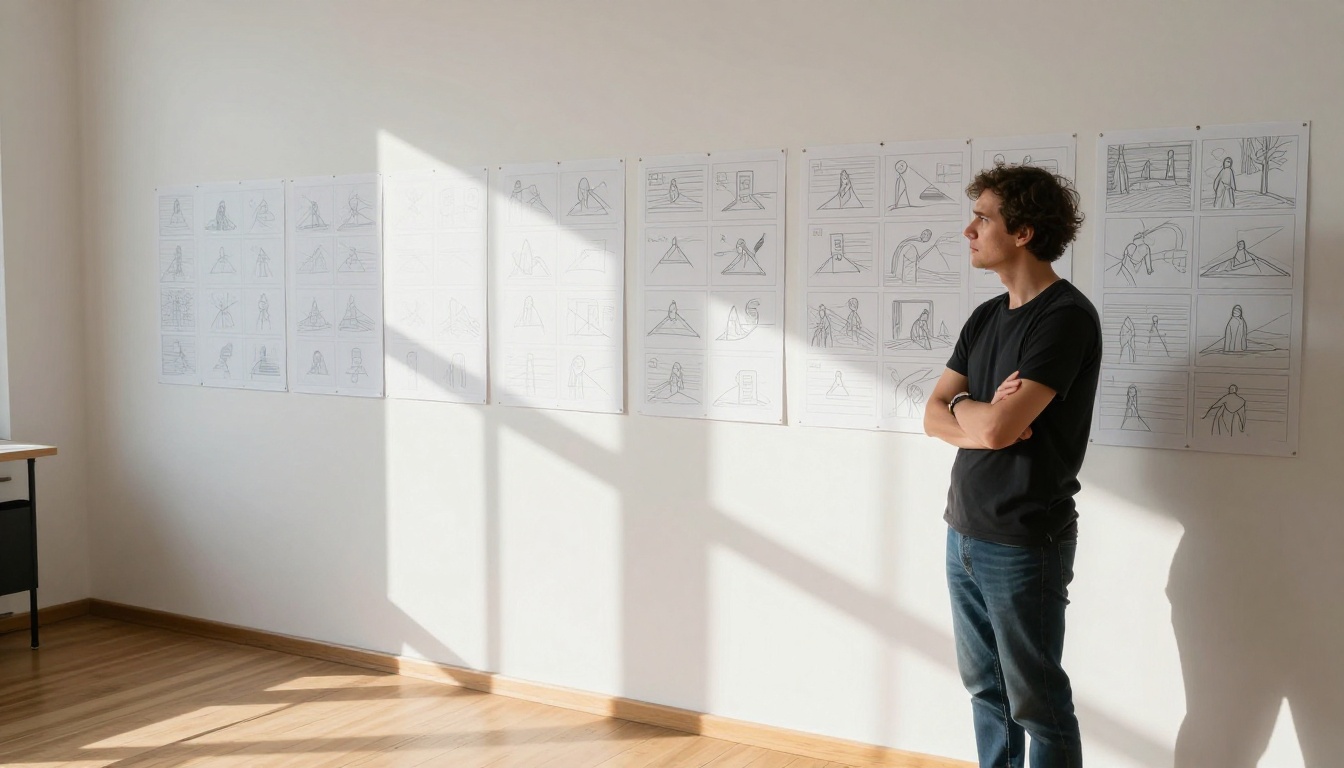 Director reviewing storyboard panels pinned to a studio wall