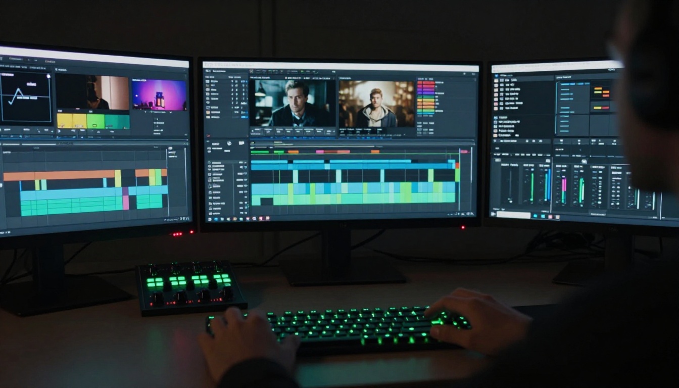 Professional video editing workstation with timeline and color grading monitors Professional video editing workstation with timeline and color grading monitors
