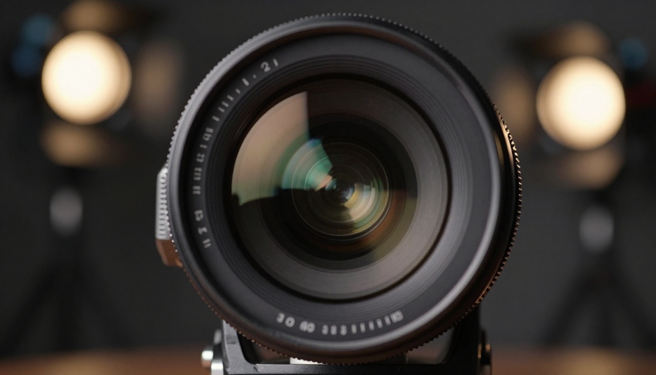 Close-up of a professional cinema camera lens with film set bokeh background Close-up of a professional cinema camera lens with film set bokeh background
