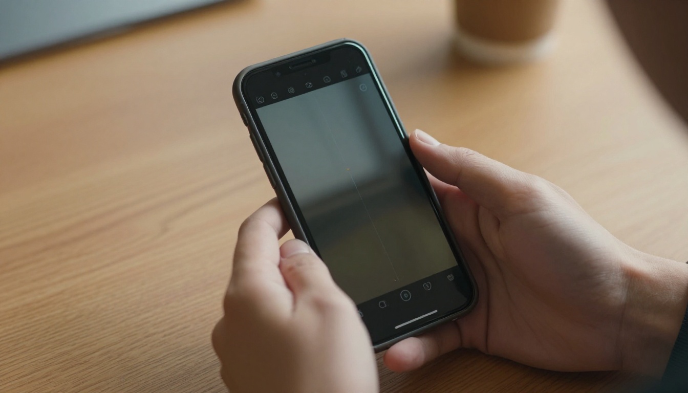 Hands holding smartphone in portrait mode on wooden desk