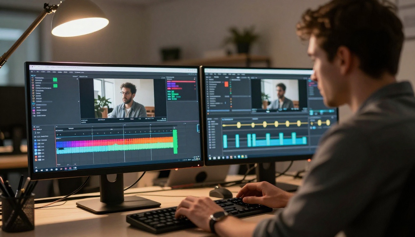Professional video editor at dual monitor workstation with vertical video timelines