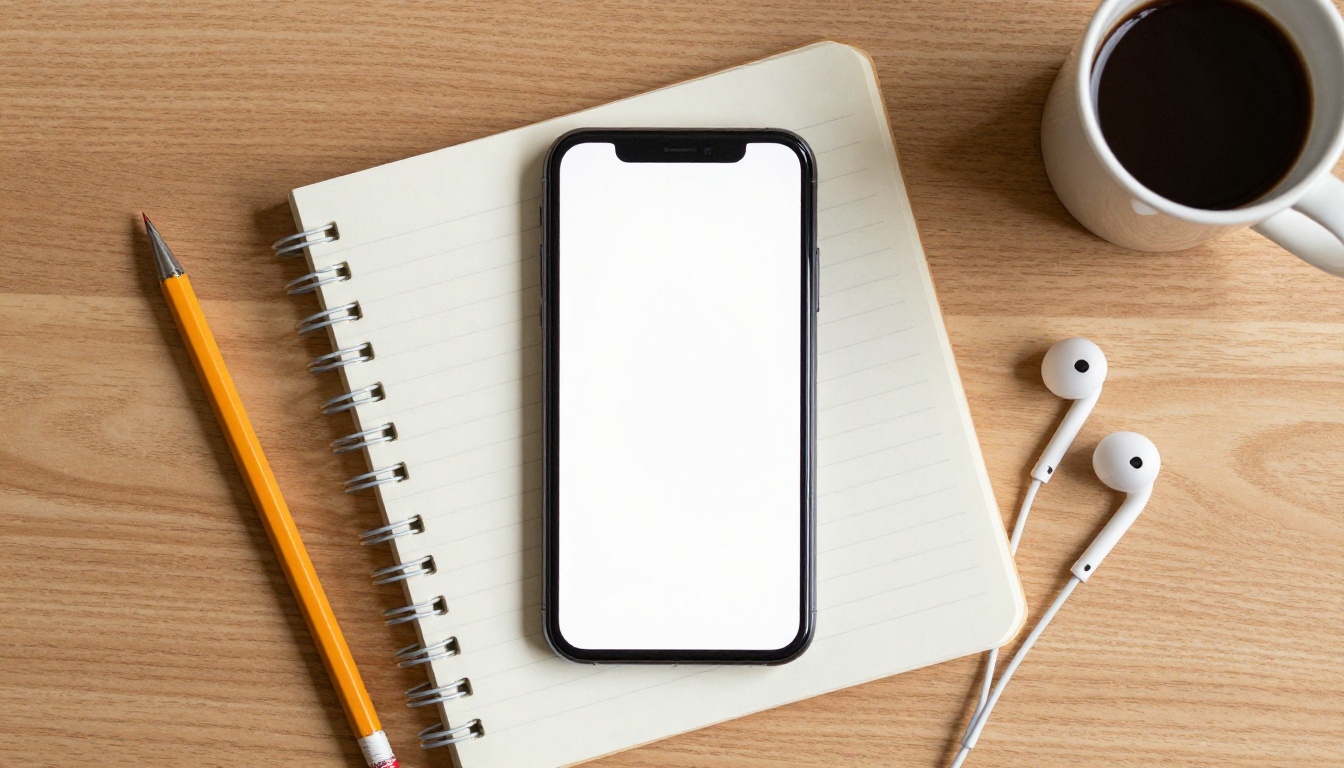 Flat lay creator workspace with vertical phone and notebook