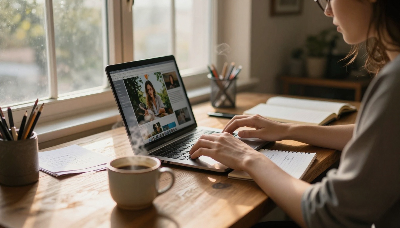 Creative workspace with AI image generation setup and handwritten notes on a wooden desk