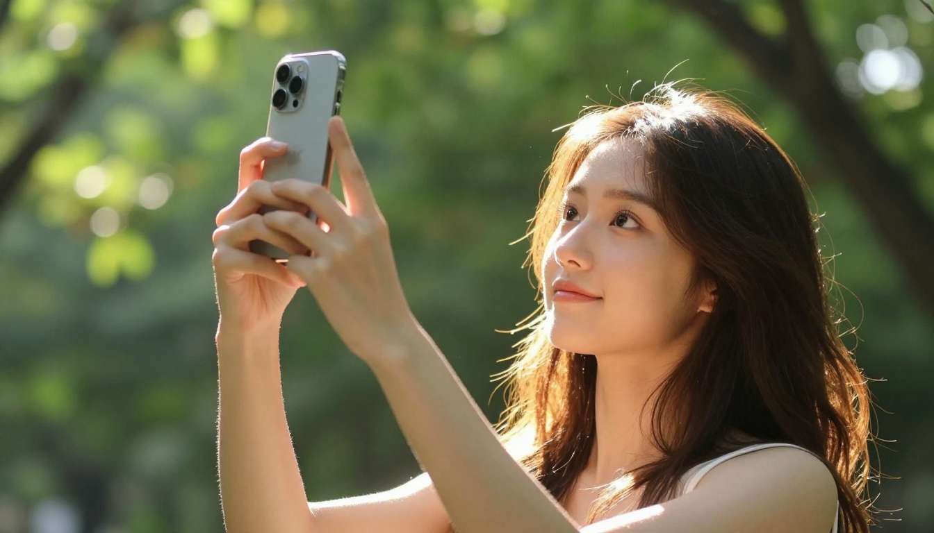 Low angle shot of woman recording herself with smartphone in a park