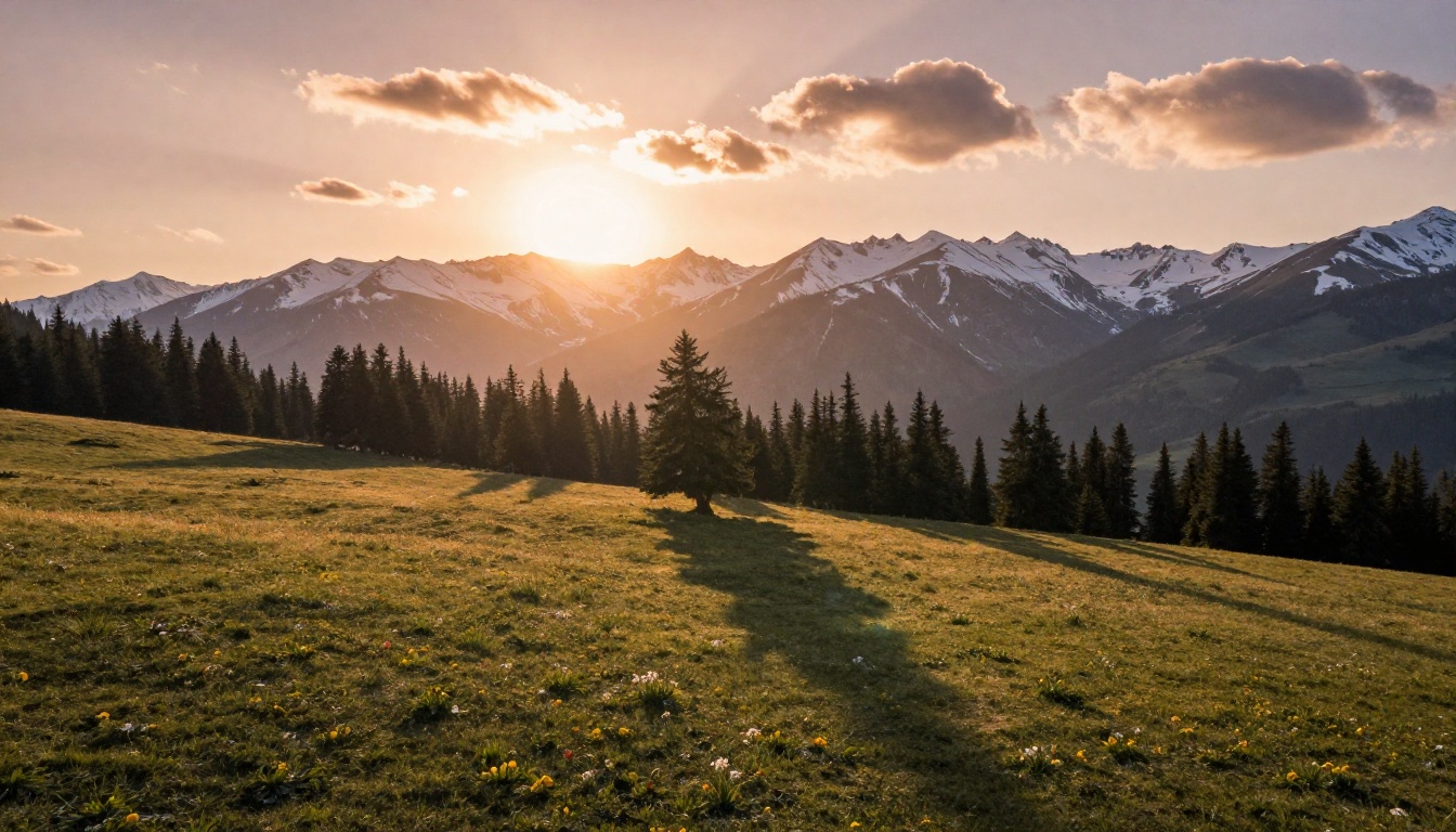 Epic alpine mountain landscape at golden hour with pine forest and wildflowers in foreground