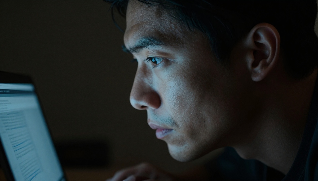 Person's face illuminated by laptop screen glow in a dark room