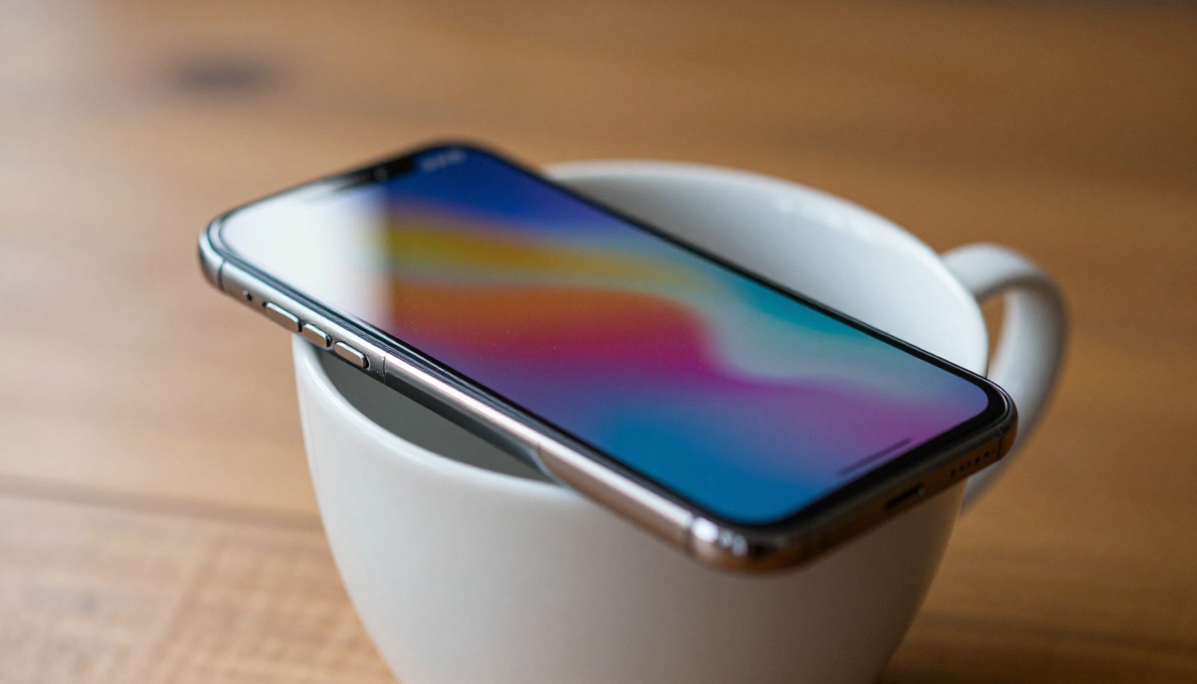 Smartphone propped against coffee mug on wooden table showing portrait video frame