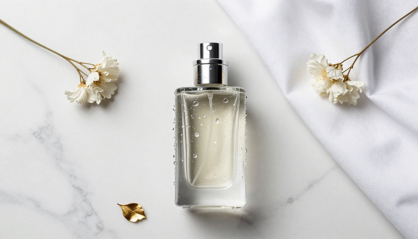 Luxury glass perfume bottle on white Carrara marble with water droplets and studio strobe highlights