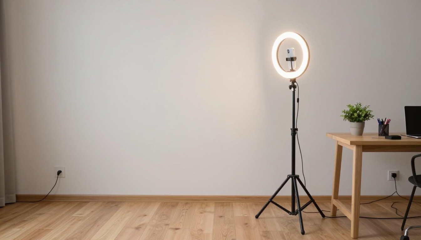 Modern minimalist home studio with vertical phone on tripod and ring light