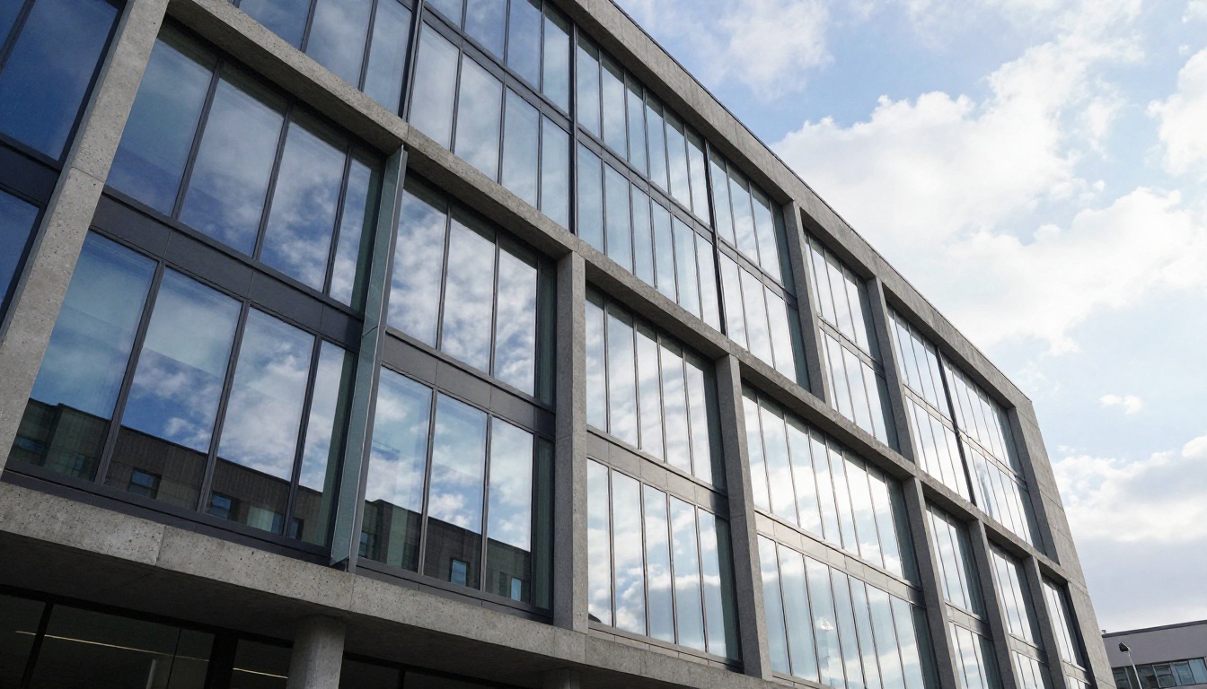 Modern minimalist office building glass facade from low angle looking up with geometric shadows