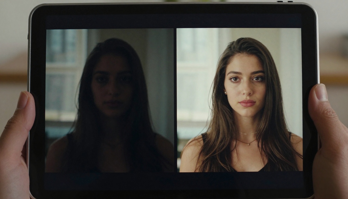 Tablet showing split-screen comparison of two vertical video frames