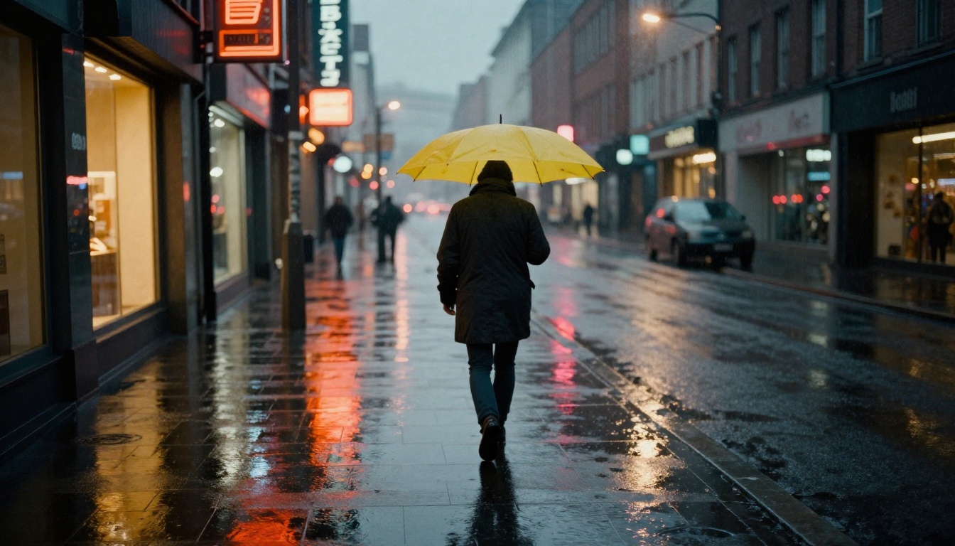 Atmospheric night street photography with yellow umbrella figure reflected in wet pavement