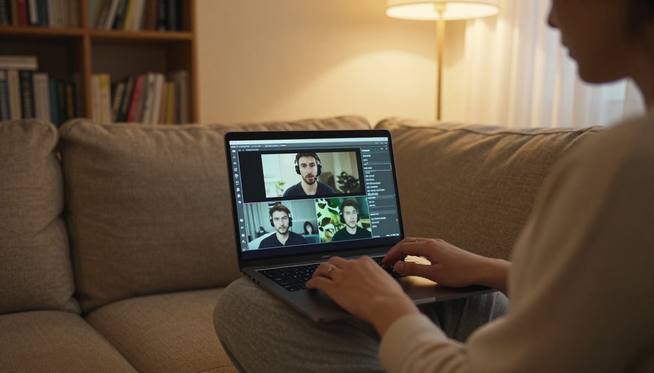 Content creator reviewing vertical video footage on laptop while sitting on a couch