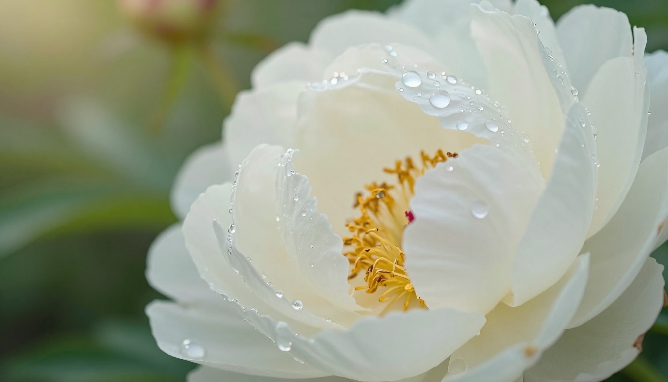 Extreme close-up of white peony petals with crystal-clear water droplets and green bokeh background