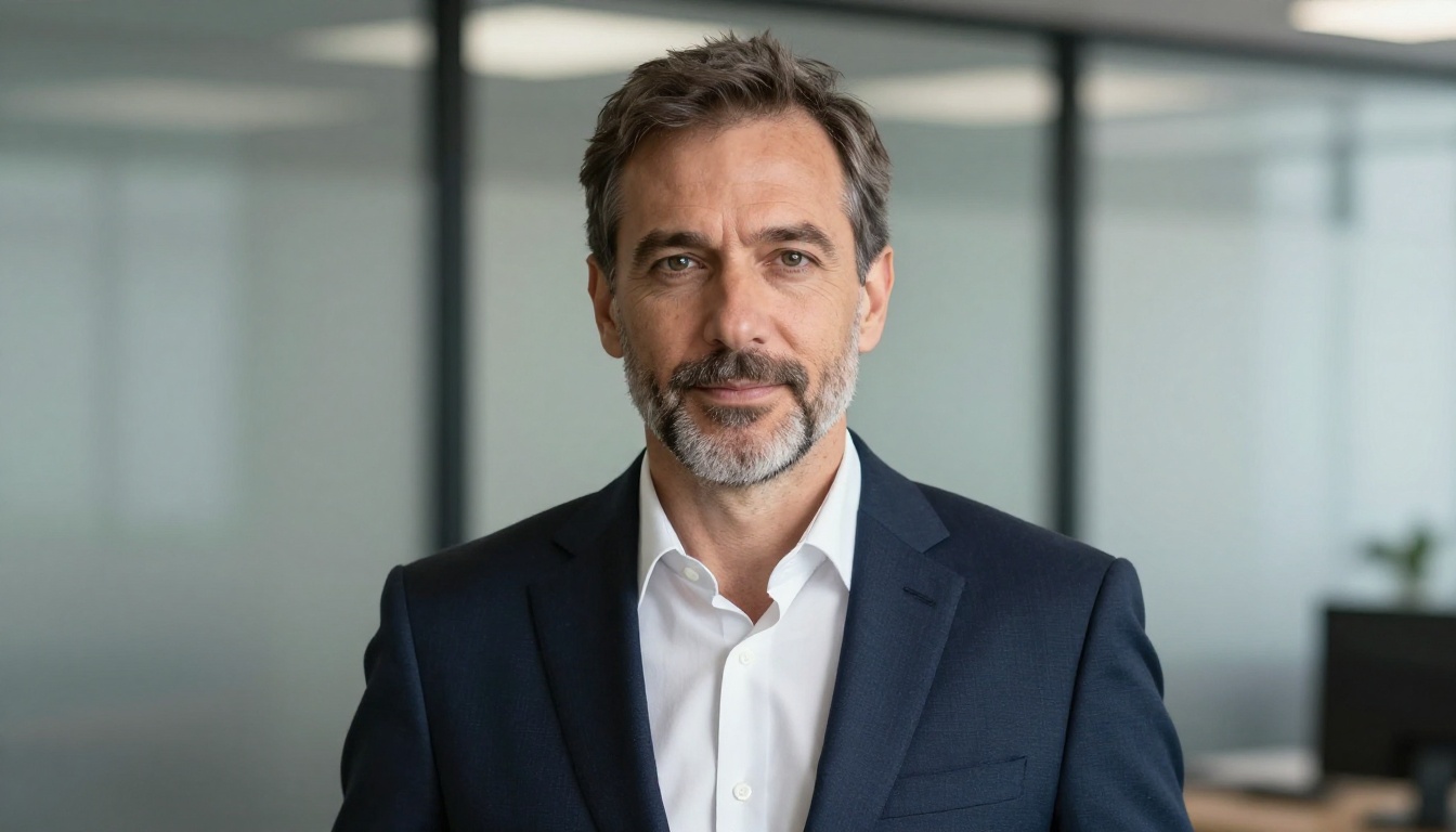 Professional male portrait with salt-and-pepper stubble in navy suit, corporate headshot style