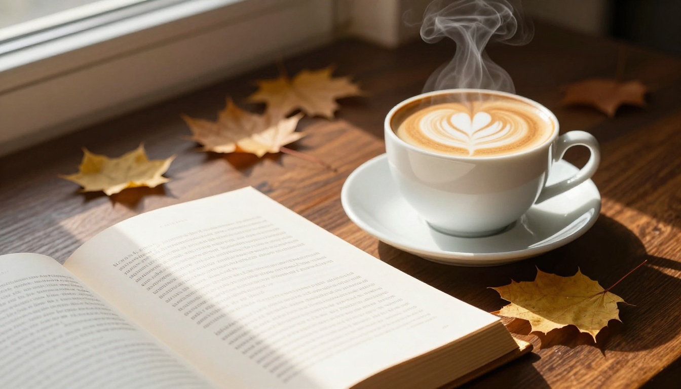 Cozy still life with open book, latte art coffee cup, and autumn leaves on walnut wood in morning light