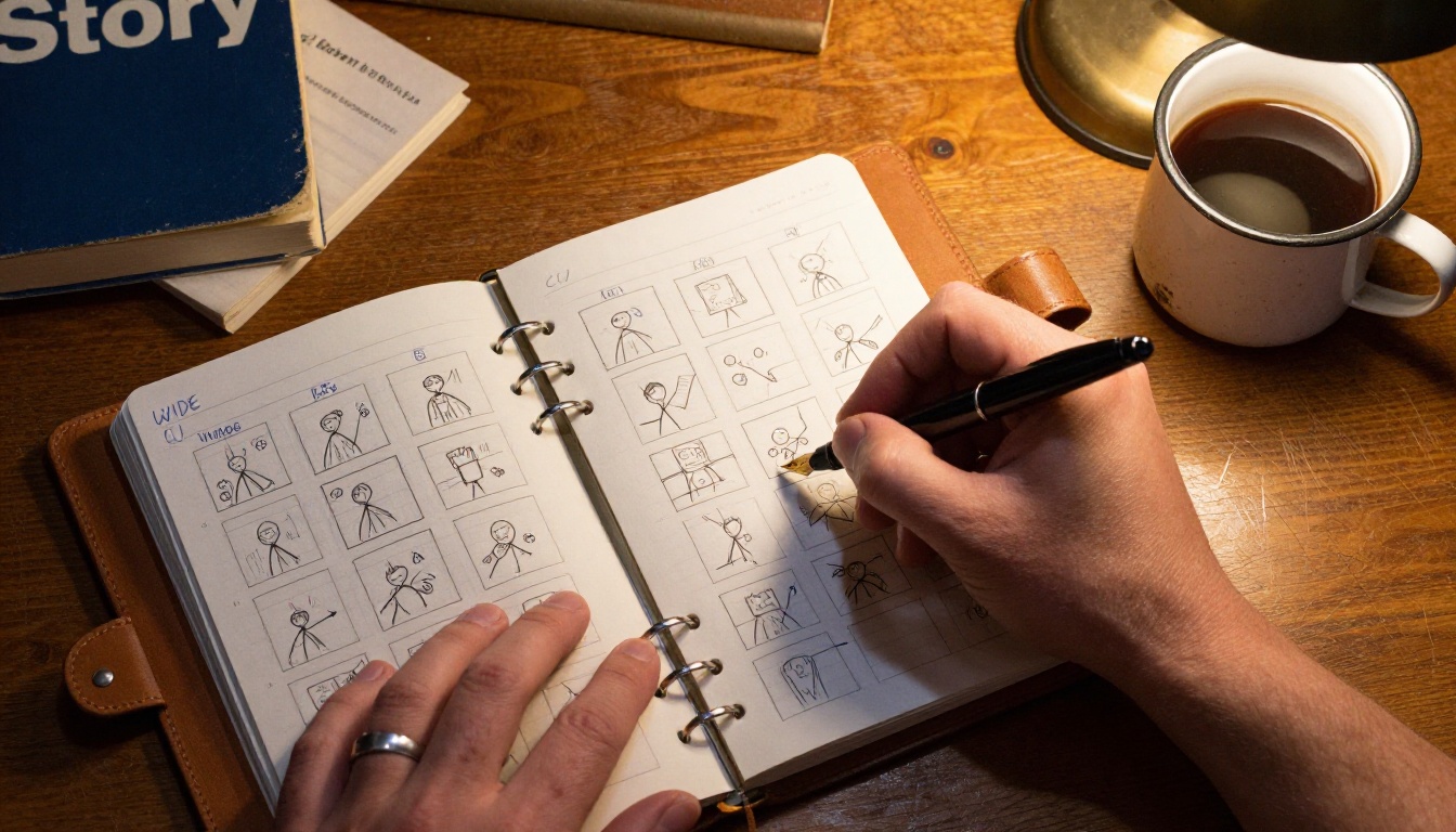 Hands writing a storyboard in a leather notebook on an oak desk Hands writing a storyboard in a leather notebook on an oak desk