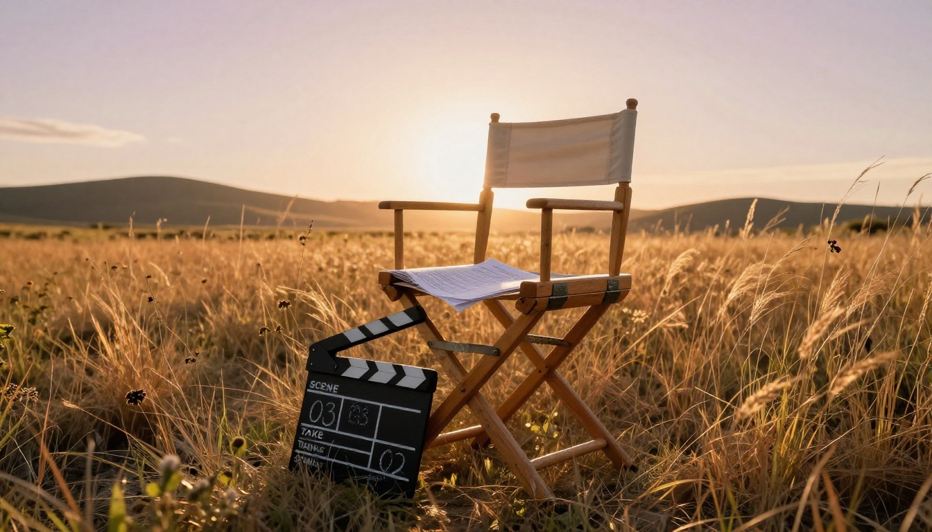 A canvas director chair with a script and clapperboard on a grass field A canvas director chair with a script and clapperboard on a grass field