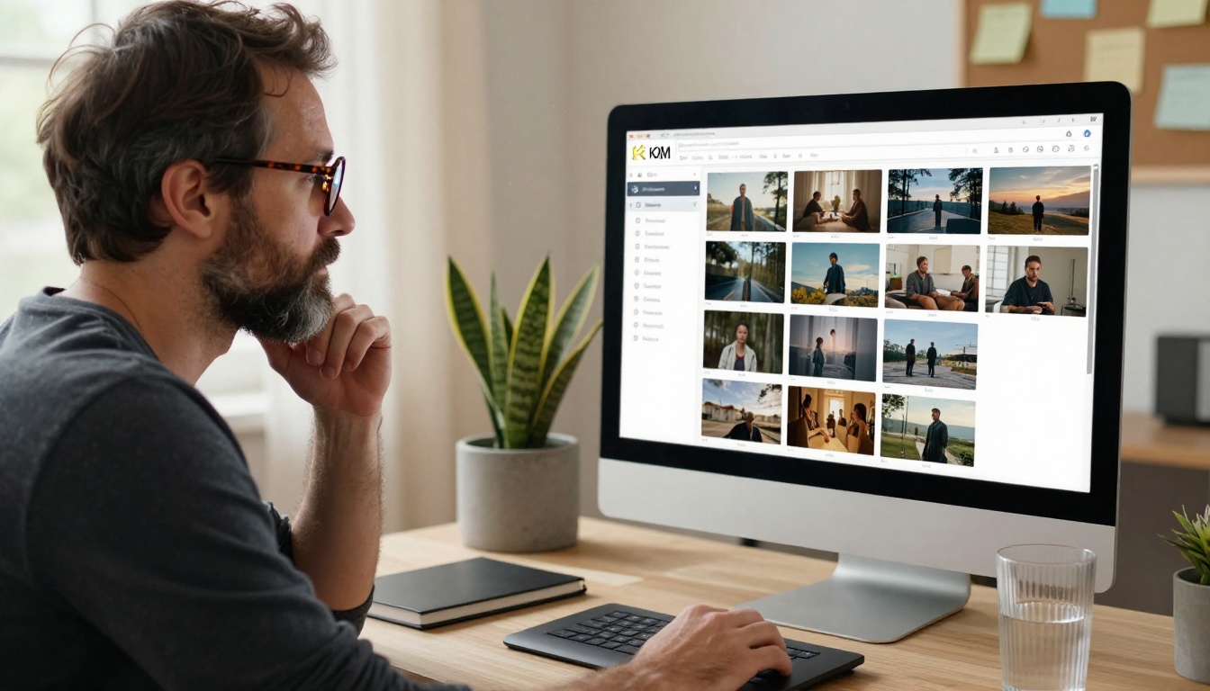 Filmmaker reviewing AI-generated shots on a studio iMac Filmmaker reviewing AI-generated shots on a studio iMac