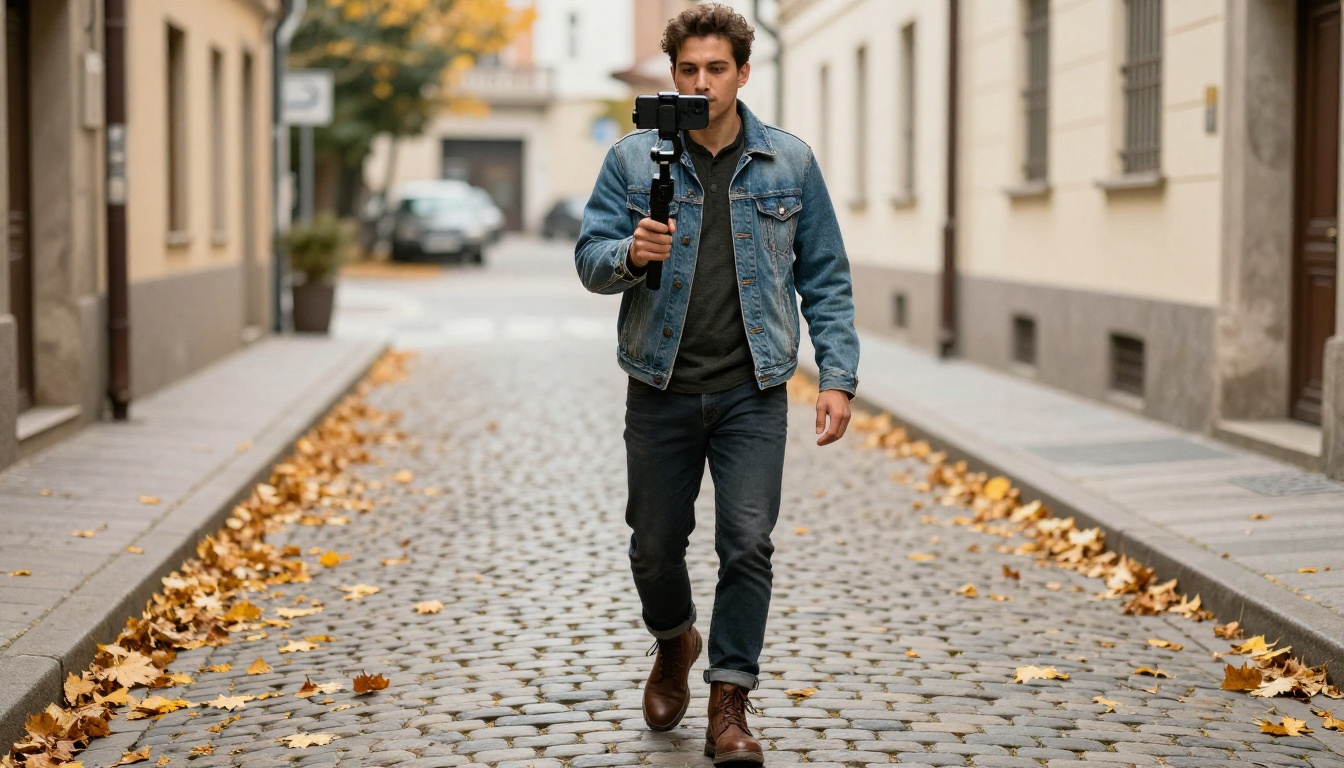 Street vlogger walking with vertical phone gimbal in cobblestone alley