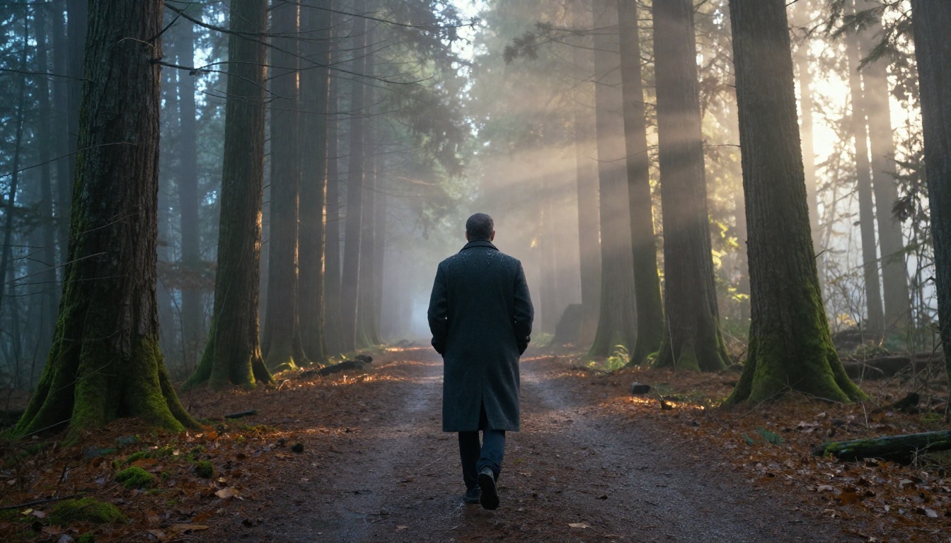 A solitary figure walking down a misty forest path at dawn A solitary figure walking down a misty forest path at dawn