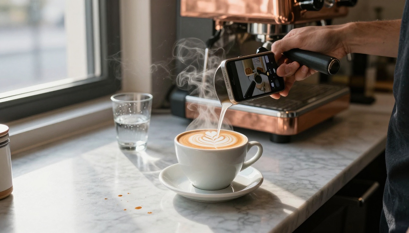 Vertical smartphone on tripod filming barista in marble cafe