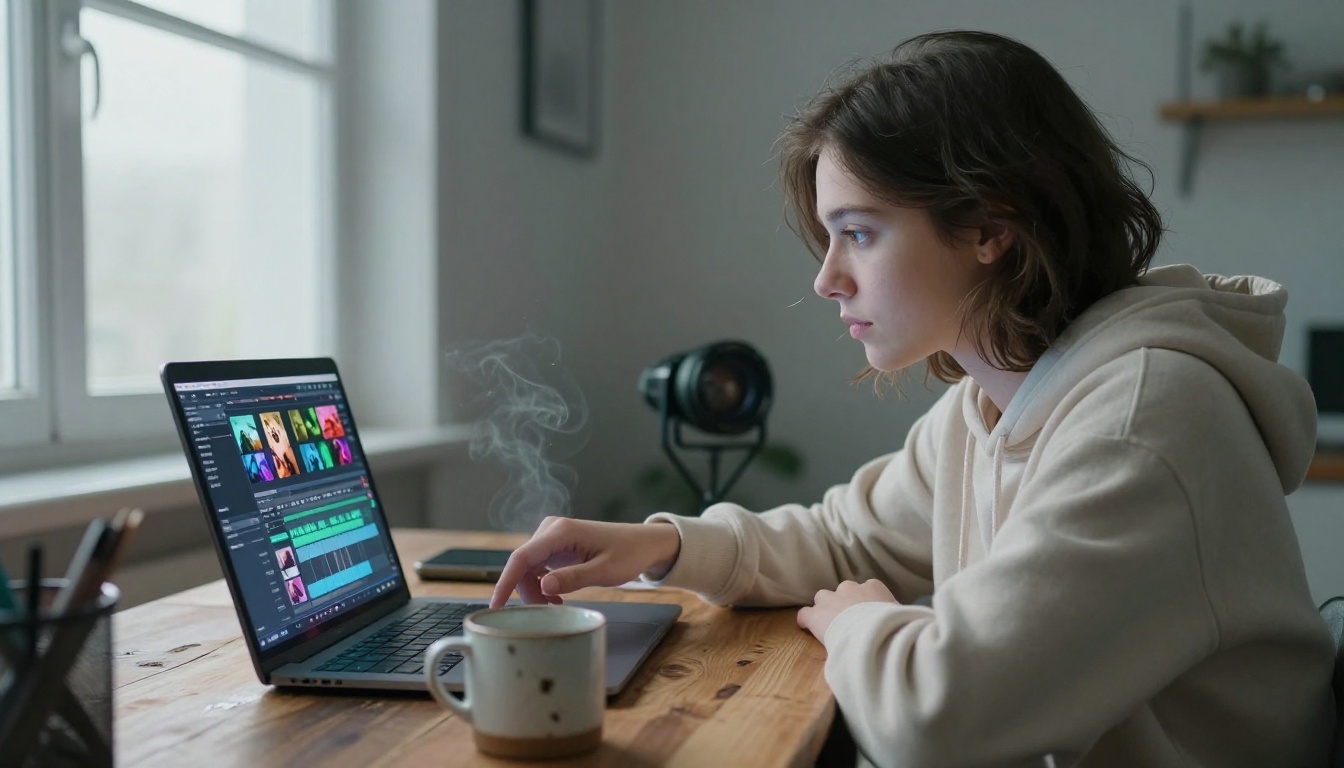Editor working on laptop with vertical timeline visible