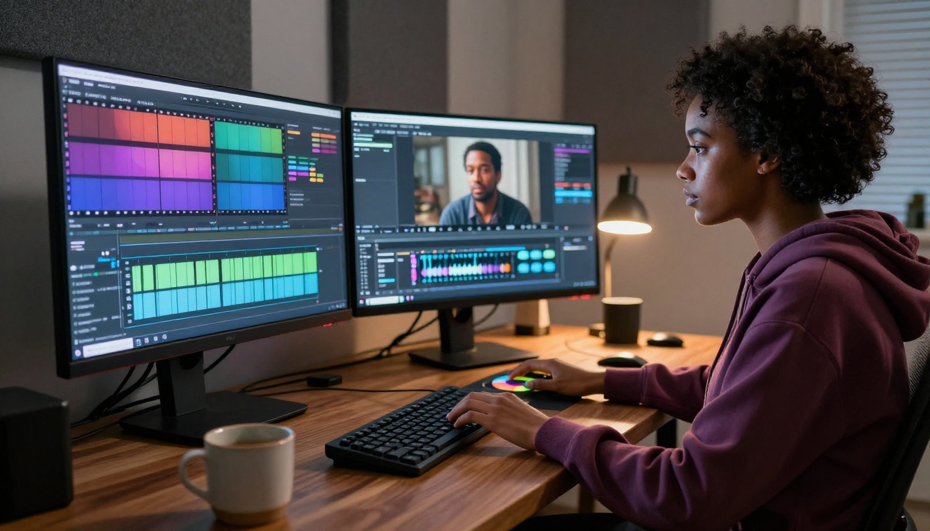 A color grading suite at night with twin monitors and a focused editor