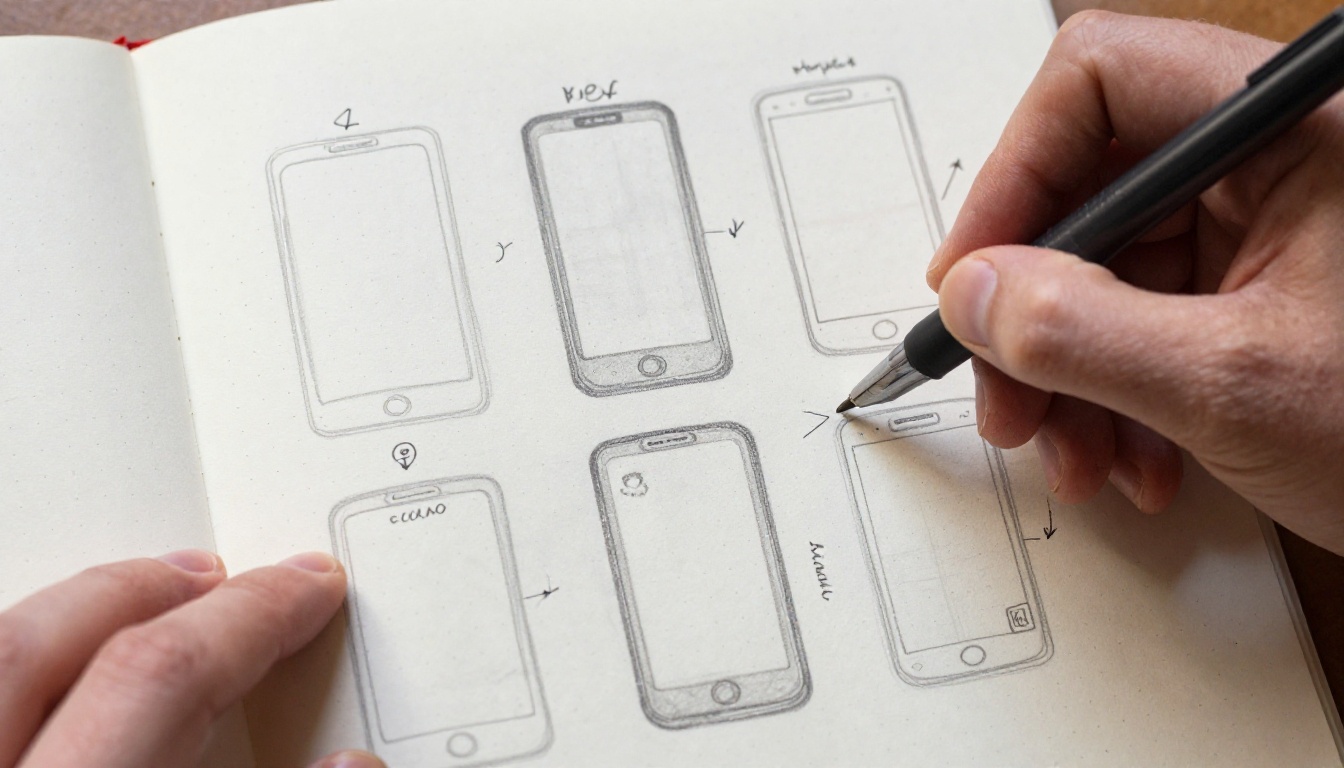 Hands sketching vertical storyboard panels on dotted paper