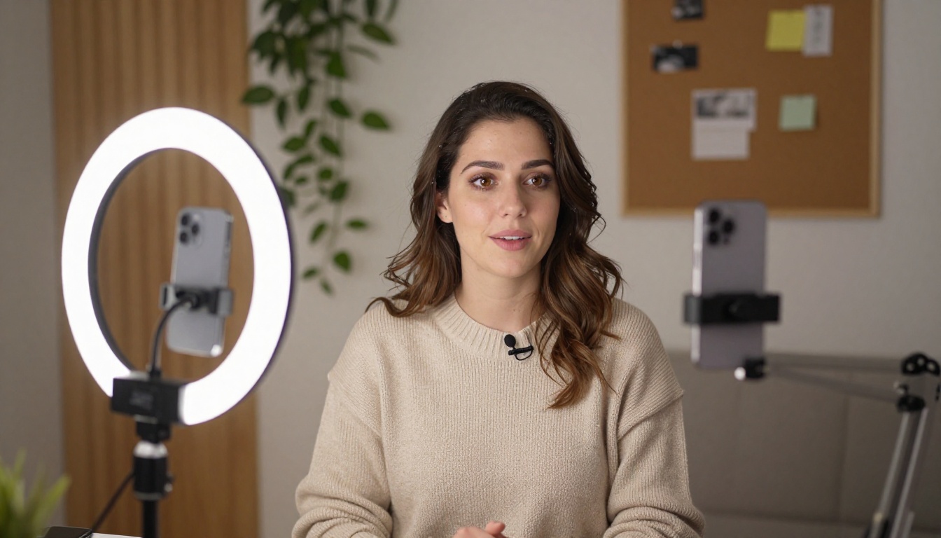 Creator speaking on camera with ring light and vertical phone setup